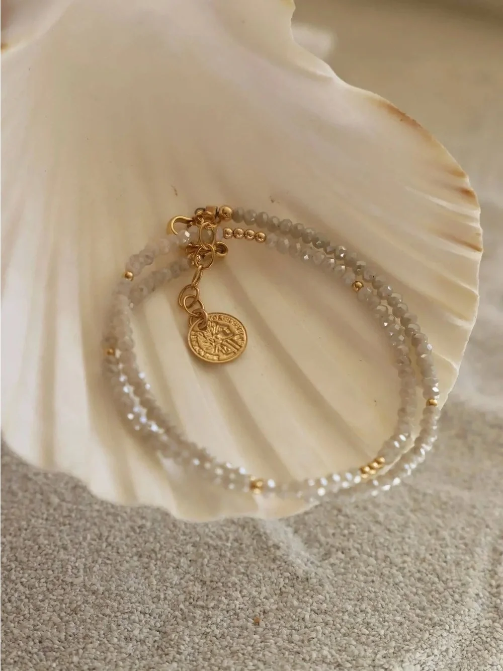 Faceted Cream Bead Double-Wrap Bracelet with Gold Accents